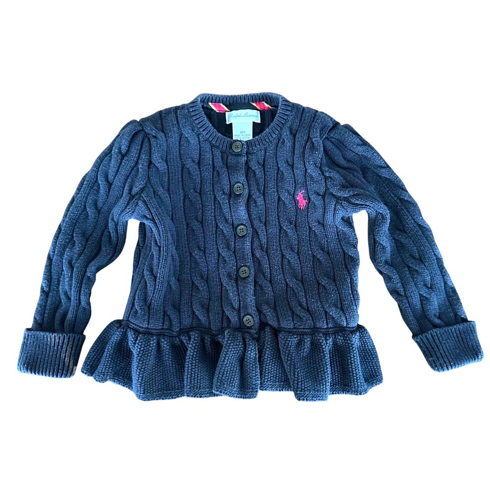 Ralph Lauren Baby Girl 18M Navy Blue Cable Knit Cardigan Peplum Ruffle Pink Pony